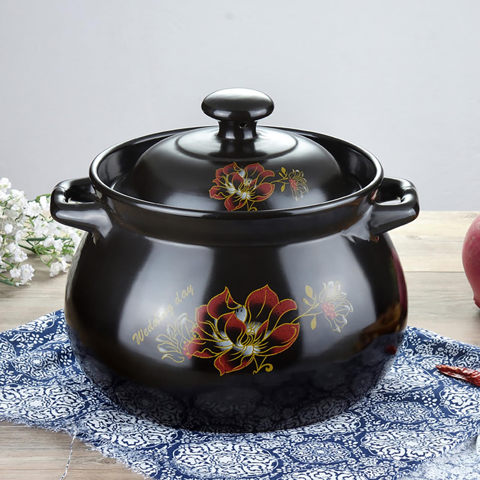 YLME Cazuela con Tapa Olla Grande de Barro para cocinar Olla de cerámica Natural Resistente al Calor Ideal para guisos sopas arroz y Platos estofados Apta para la Cocina y el Horno,3L