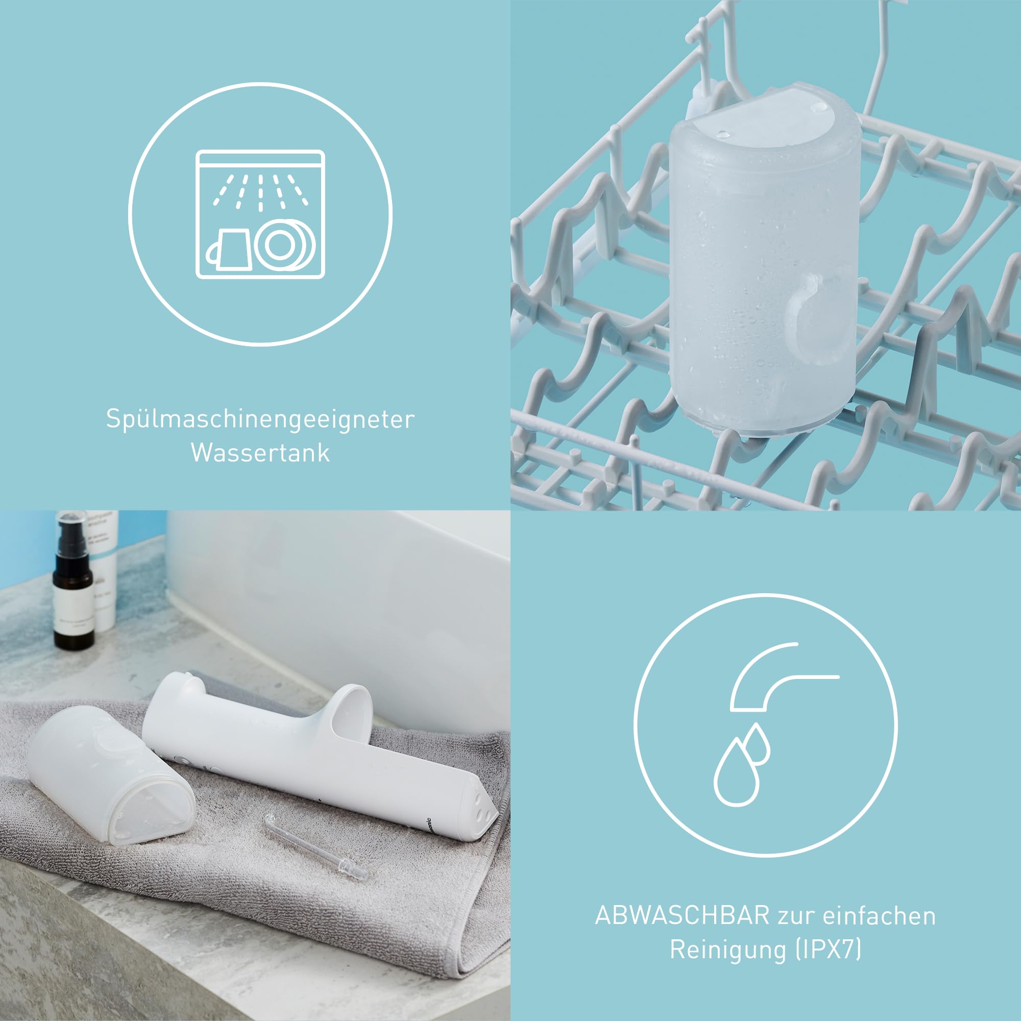 Panasonic Series 600 Ultraschall-Munddusche EW-DJ67-W303, Zahndusche, Munddusche kabellos, 200 ml, IPX7, 2 Ultraschalldüsen, 1 kieferorthopädische & 1 Zungenreinigungsdüse, 5 Wasserdruckstufen, Weiß