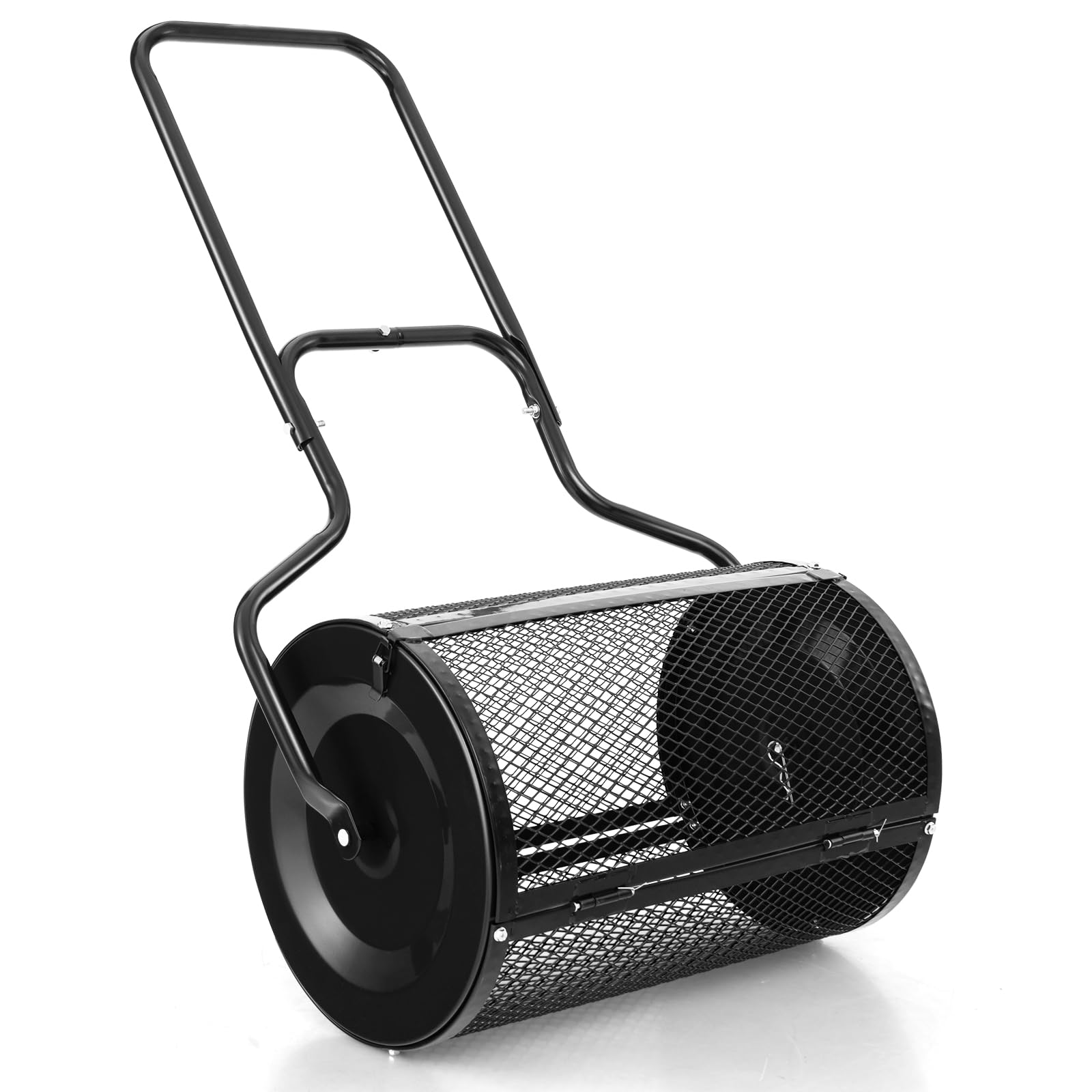 COSTWAY Spandiconcime a Rullo, Rullo da Giardino con Impugnatura Pratica Chiusure Laterali e Rete in Metallo per Concimazione e Semina, Spandiconcime per Prato e Giardino (41 x 60 cm Nero)