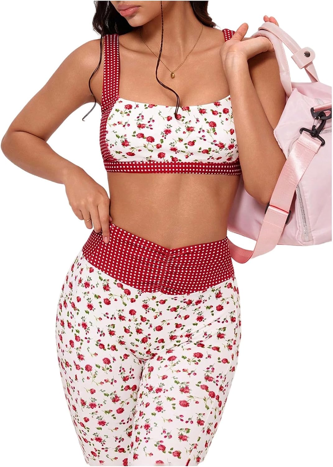 SOLY HUX Women's Tracksuit 2 Piece Outfits Floral Polka Dots Crop Tank Tops and Leggings Workout Sets