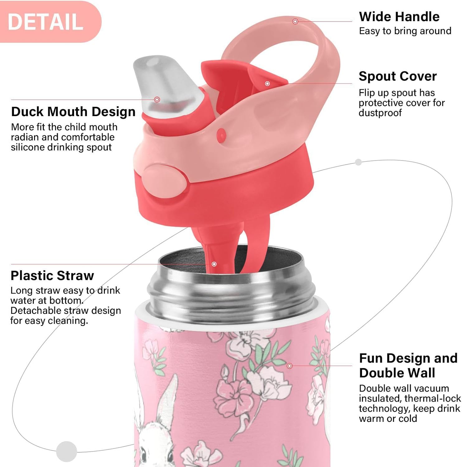 Kigai Cute Bunny Rabbit Kids Water Bottle, Insulated Stainless Steel Water Bottles with Straw Lid, 12 oz BPA-Free Leakproof Duck Mouth Tumbler for Boys Girls - Image 4