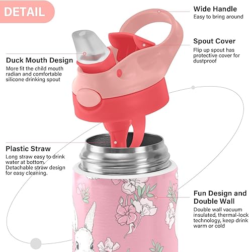 Miniatura 4 de Kigai Cute Bunny Rabbit - Botella de agua para niños, botellas de agua aisladas de acero inoxidable con tapa con popote, 12 onzas, sin BPA, a prueba
