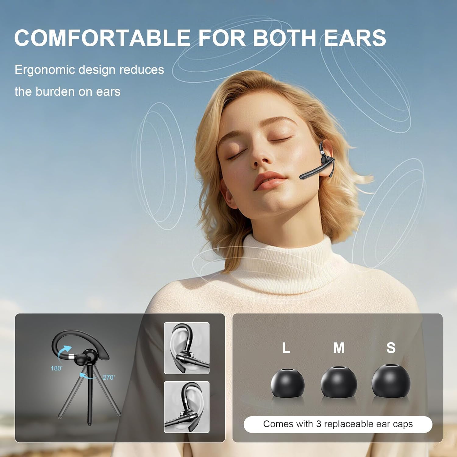 Woman wearing Champonic YYK-526 headset, showing ear tip sizes and rotation