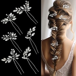 Andibro 6 Pieces Leaf Silver Rhinestone Hairpins, Bridal Hair Pins Crystal Hair Jewelry U-Shaped Hairpin for Wedding Party Prom Bridesmaids Flower Girl
