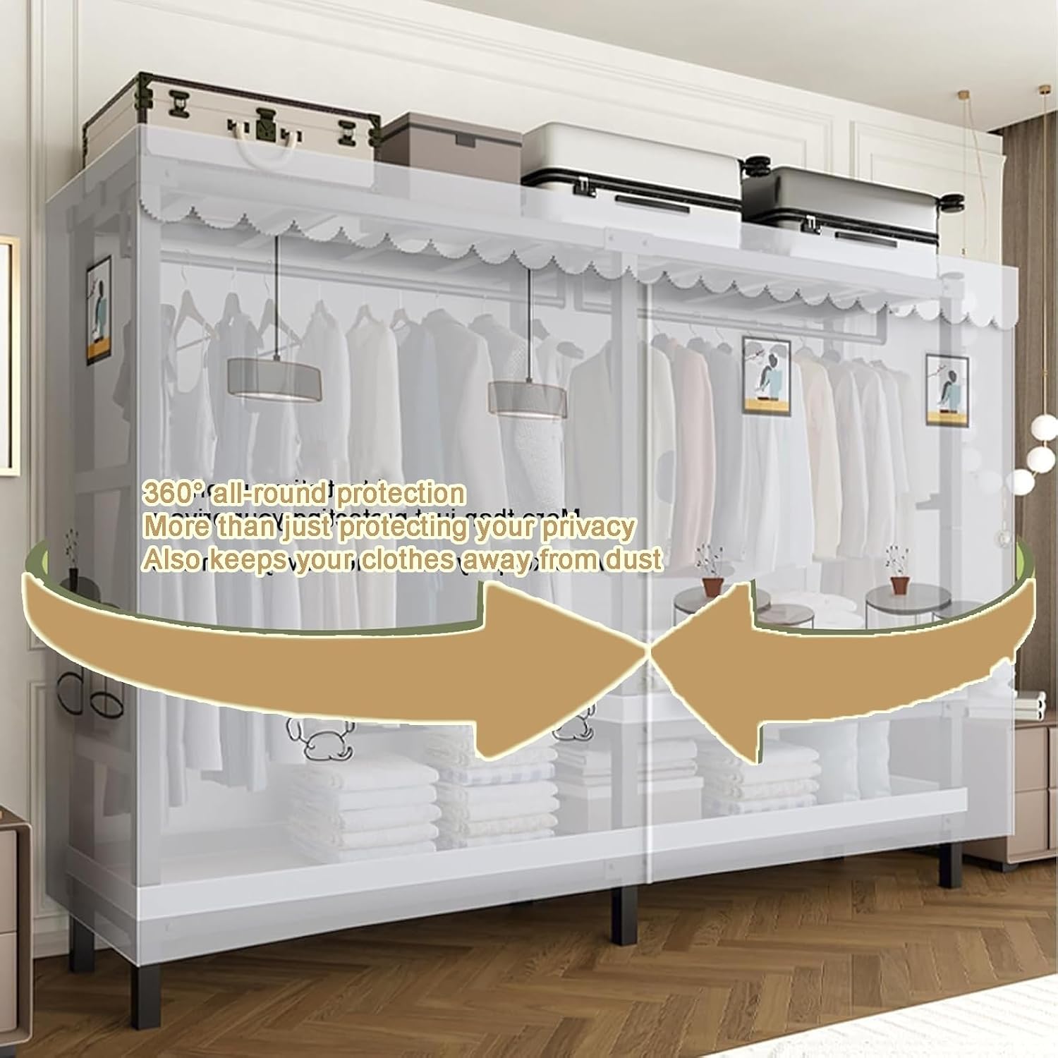 Heavy Duty Foldable Portable Closet, Rolling Wardrobe Clothes Organizer, Freestanding Metal Clothing Rack, Covered Garment Rack with Wheel(White,L100cm/39.4IN)