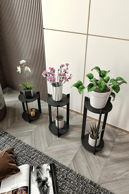 Çoklu Bitki Standı Seti 3'lü Saksılık Dekoratif Çok Katlı Çiçek Sehpası Salon Balkon Ofis İç Mekan Düzenleyici Kolay Kurulum Bitki Rafı (Siyah)
