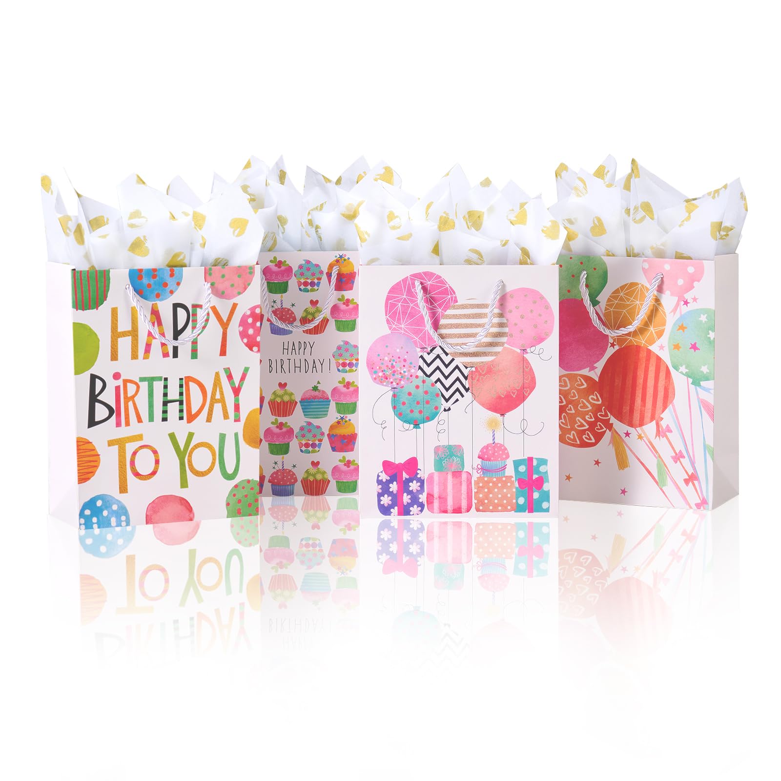 OfficeCastle Small Birthday Gift Bags with Colorful Tissue Paper (Gold Hearts) | 7x3x9 Inch, 12 Pack Birthday Bags for Newborns/Kids/Men/Women