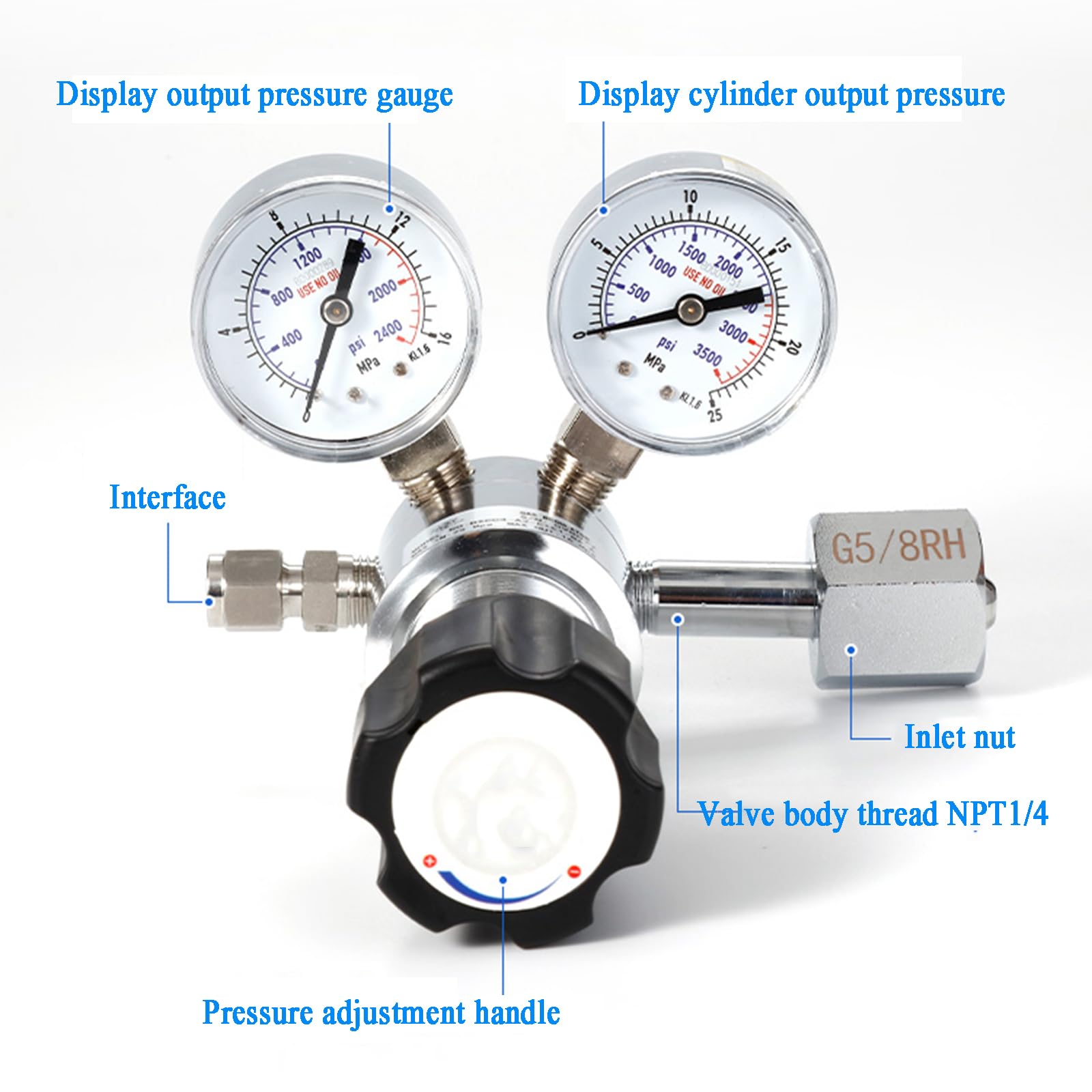 Regulador De Gas De Una Etapa Y Dos Medidores, Válvula Reguladora, Presión De Entrada De 20 Mpa, Conector De Salida De 1/3", Interfaz De Cilindro G5/8, para Aire/dióxido De Carbono/oxígeno.
