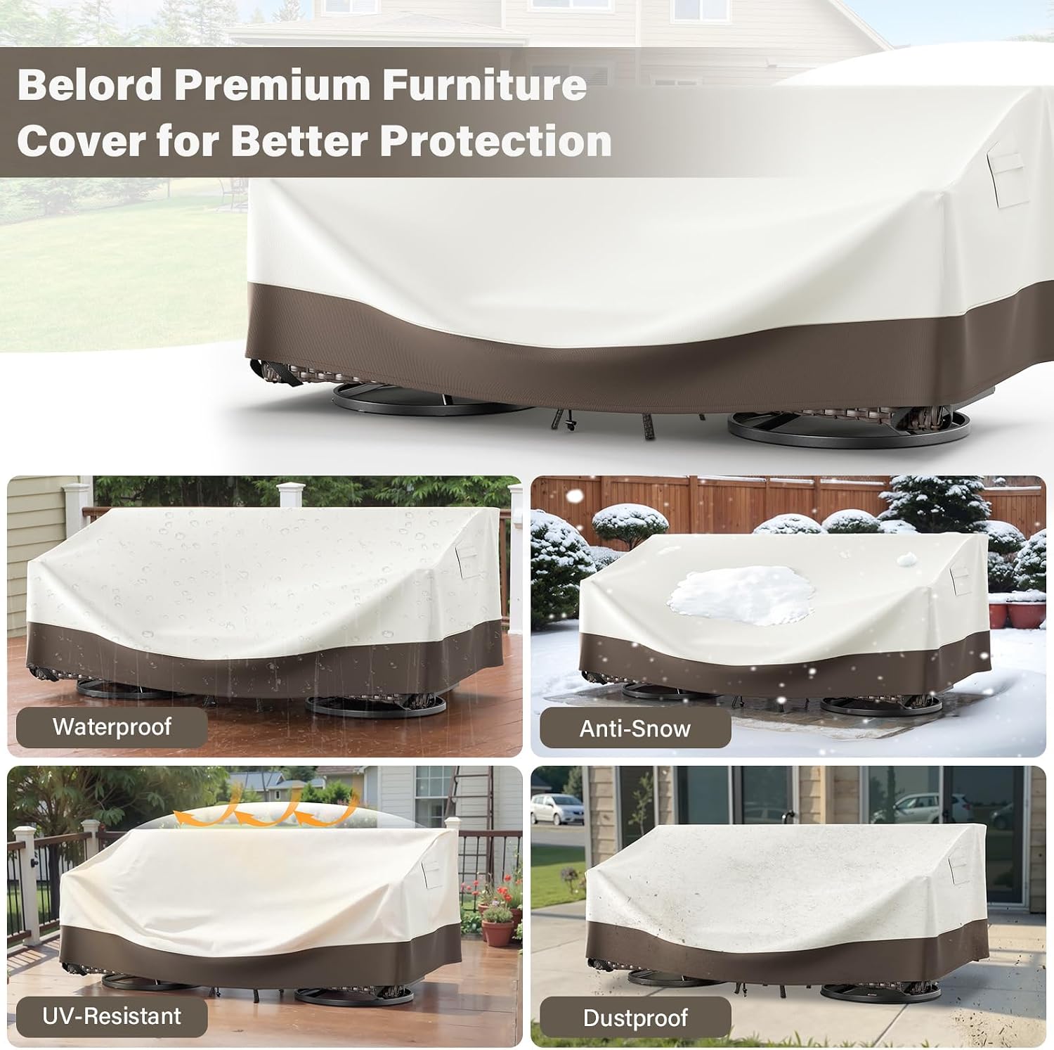 Belord Waterproof Outdoor Furniture Cover - 600D High Density Oxford Fabric Patio Furniture Covers with Windproof Buckle Straps, Beige Patio Table Chairs Sofa Cover up to 83L x 34W x 28H Inches