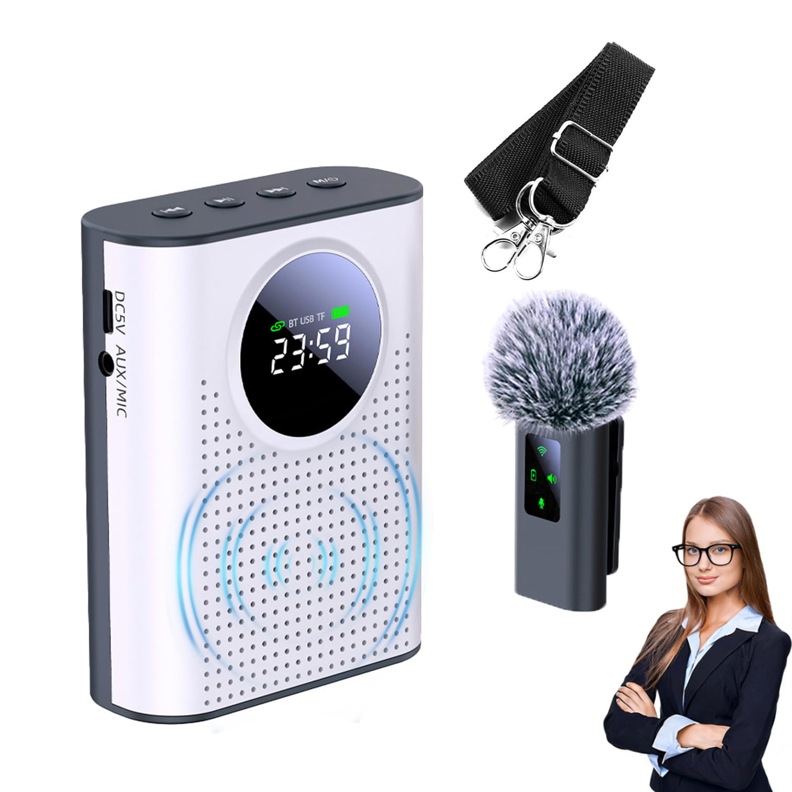 Amplificateur de Voix Sans Fil avec Microphone Lavalier, Portable Enceinte avec Micro 2,4 GHz Prise en charge Bluetooth/carte TF/clé USB/entrée AUX pour Enseignants, Guides, Présentateurs, Conférences