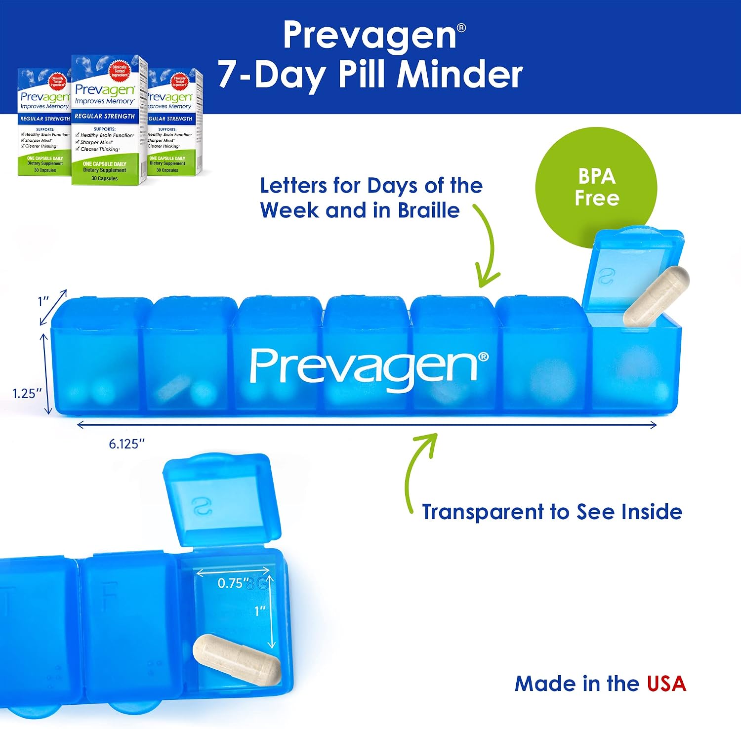 Prevagen Improves Memory - Regular Strength 10mg, 30 Capsules |3 Pack| with Apoaequorin & Vitamin D & Prevagen 7-Day Pill Minder | Brain Supplement for Better Brain Health