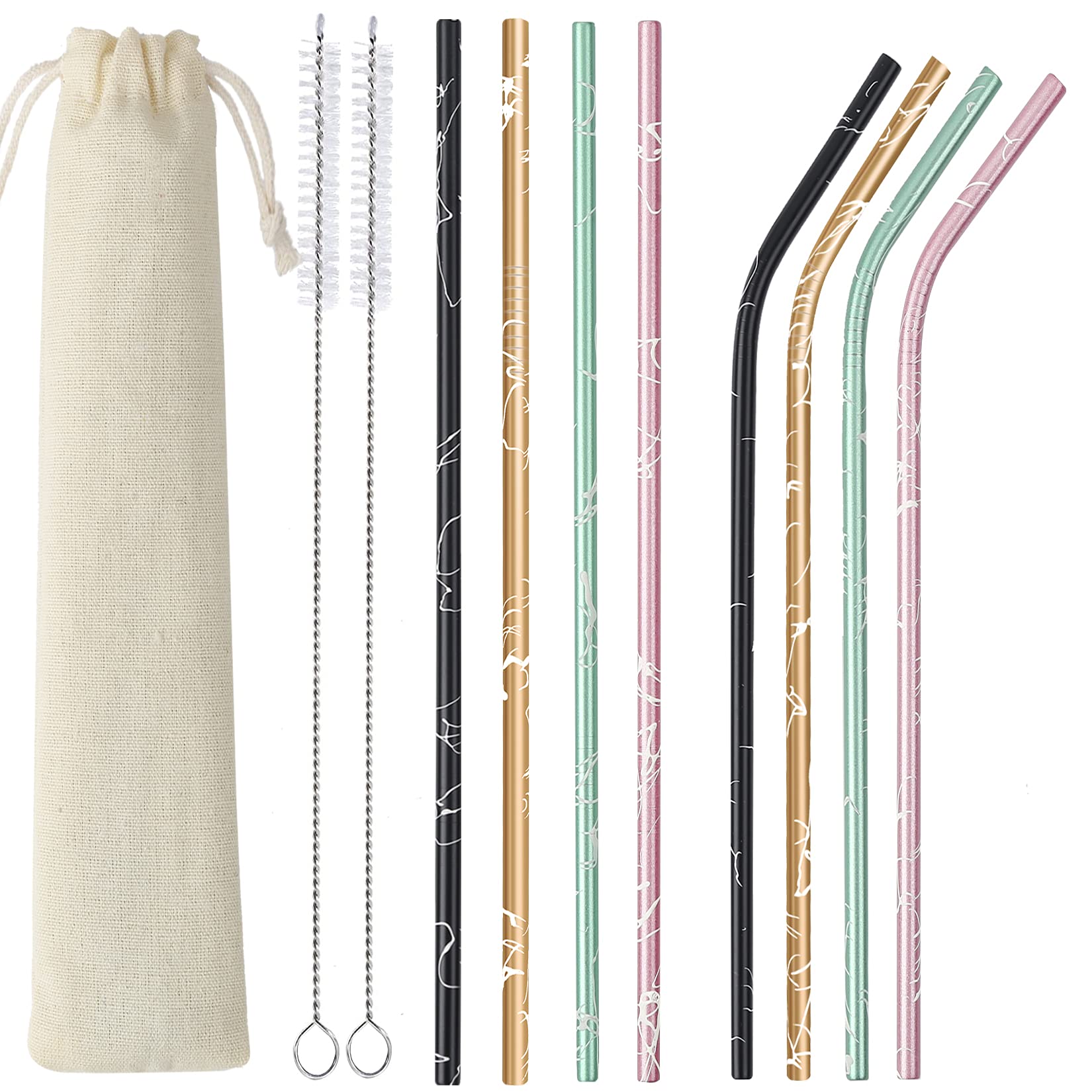 Reusable Metal Straws, 8 Packs Different Color Stainless Steel Straws For 16 20 24 OZ Tumblers, Unique Pattern with 2 Cleaning Brush and Portable Travel Case (Bag- 8 Packs)