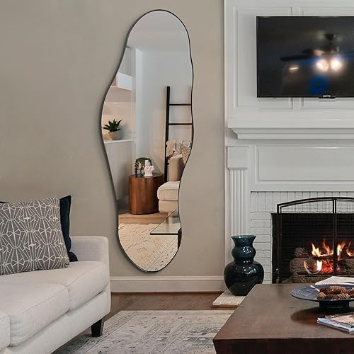 Miniatura 16 de Espejo irregular, espejo asimétrico de 30 x 20 pulgadas con marco de metal dorado, modernos espejos de forma extraña, espejos de pared abstractos