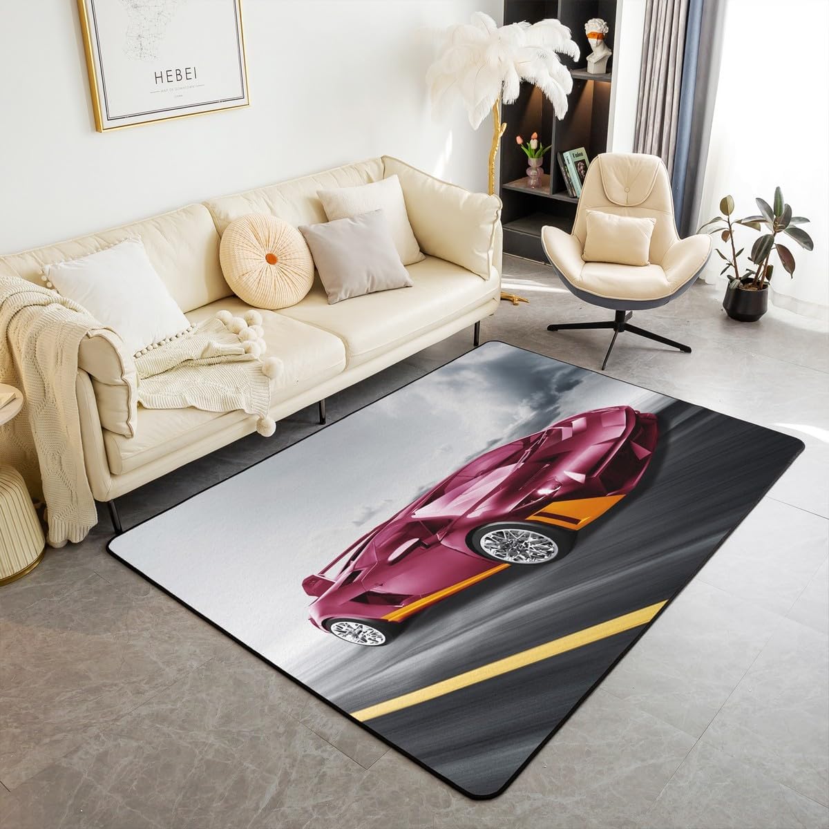 Erosebridal Race Car 3x5 Rugs, Racing Car Carpet Speed Sports Car Area Rug for Kids Child Teens Men, Extreme Sports Decorative Rug Racing Car Decor, Antique Pink Grey