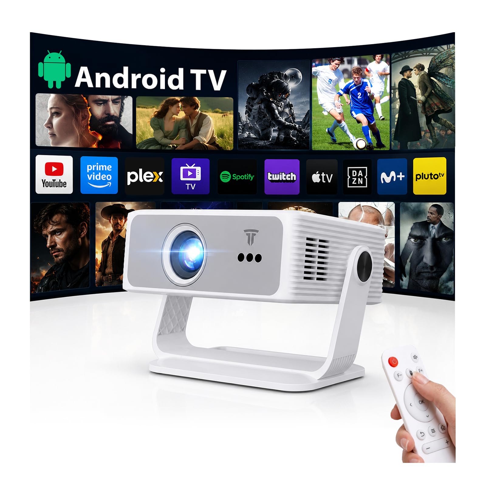 Najnowszy Przenośny Projektor 2026, 450 ANSI, Wbudowany Android TV, Obsługuje 4K i 1080P, WiFi 6 + Bluetooth 5.4, Elektryczne Ostrowanie, Automatyczna Korekcja Trapezowa, Obrót 270° do Kina Domowego