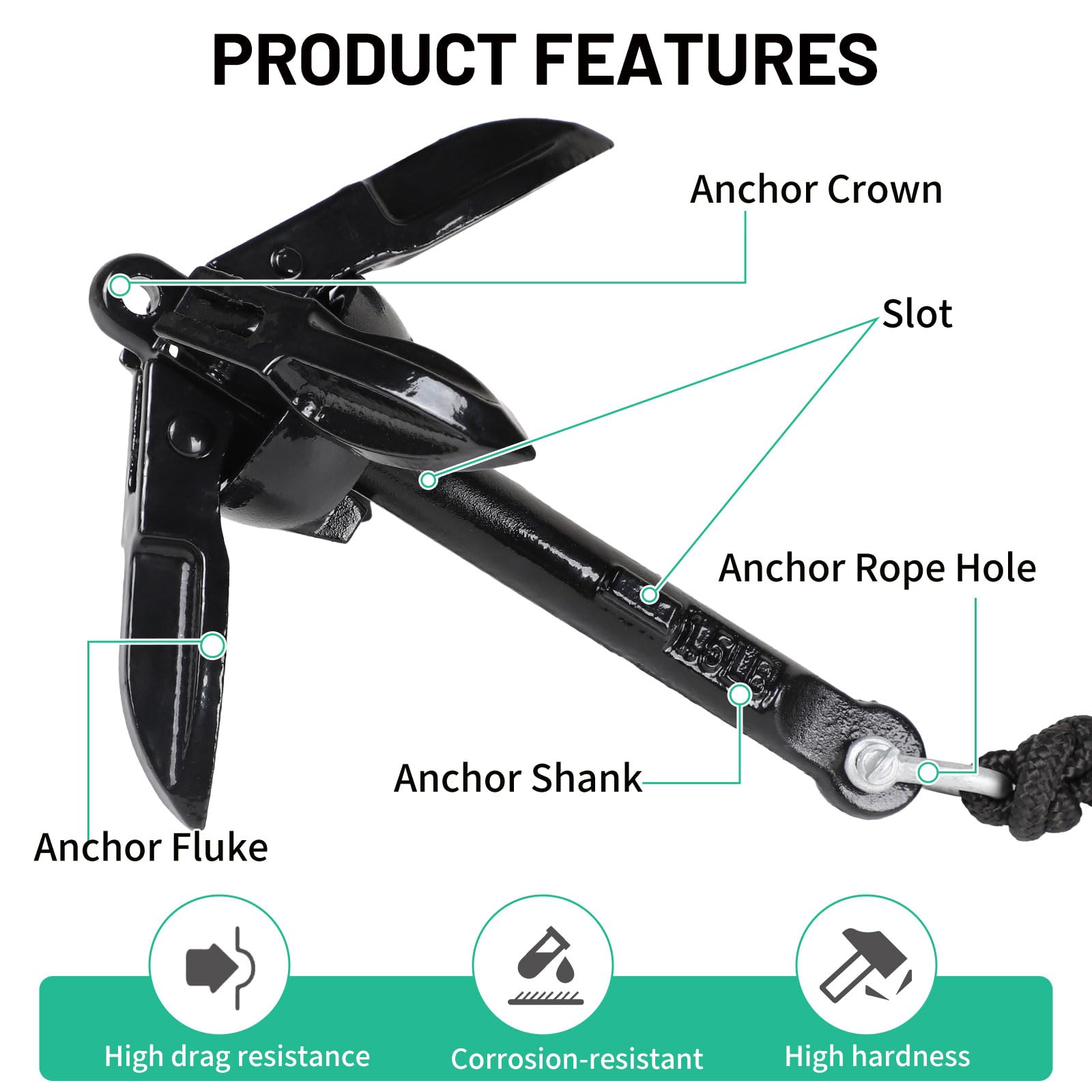 SWAWIS Anker Boot 0,7KG Bootsanker Bootszubehör Klappanker Sup Anker mit 20M Ankerleine Bojenkugel und Aufbewahrungstasche für Schlauchboot Belly Boot Tretboot Paddelboot, Schwarz
