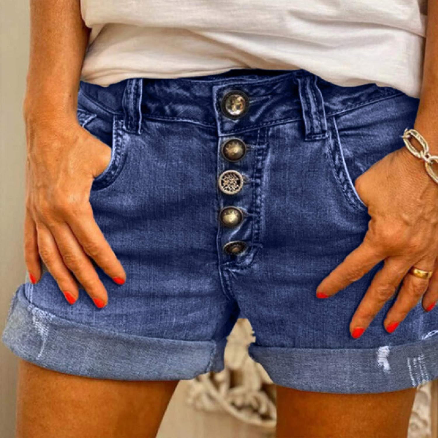 BEIBEIA Mid Rise Denim Shorts for Women, Summer Frayed Distressed Cuffed Hem Hole Jeans Sexy Hot Shorts Stretchy Pants : Clothing, Shoes & Jewelry