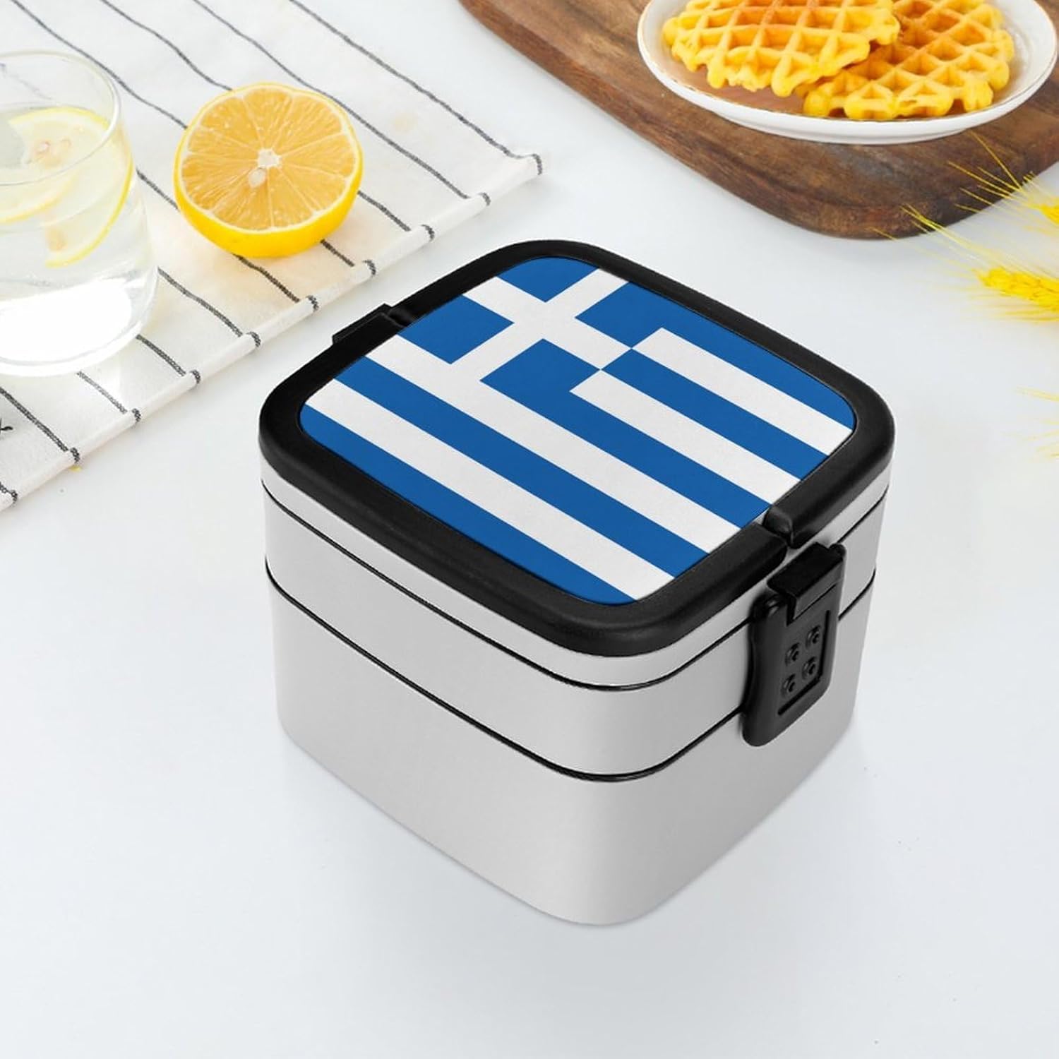 Flag of Greece Bento Box with Spoon 2 Layer Food Container Cute Lunch Box for Travel Dining Work