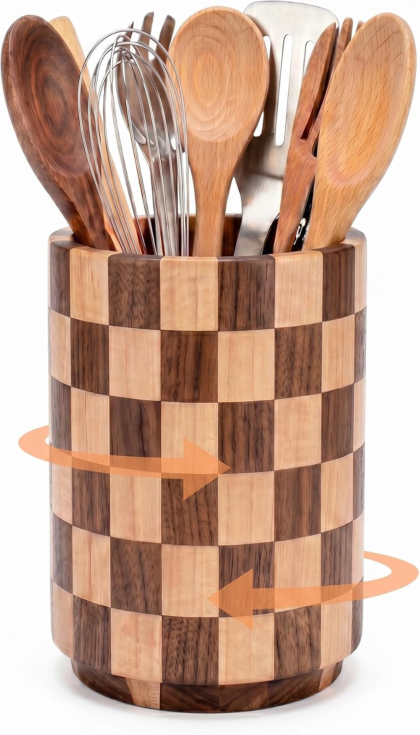 Wooden Utensil Holder, 360° Rotating Acacia Wood Utensil Crock for Kitchen Counter, 7.0" Large Non-Slip Cooking Utensil Organizer, Farmhouse Countertop Decor, Spatula Holder, Checkered