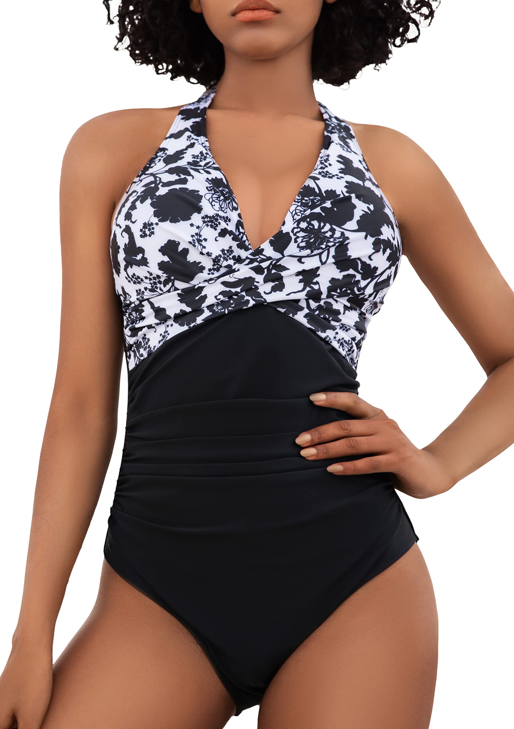 COCOPEAR One Piece Crossover Swimsuit High Waisted Tummy Control Swimwear Ruched Halter Push Up Bathing Suits for Women