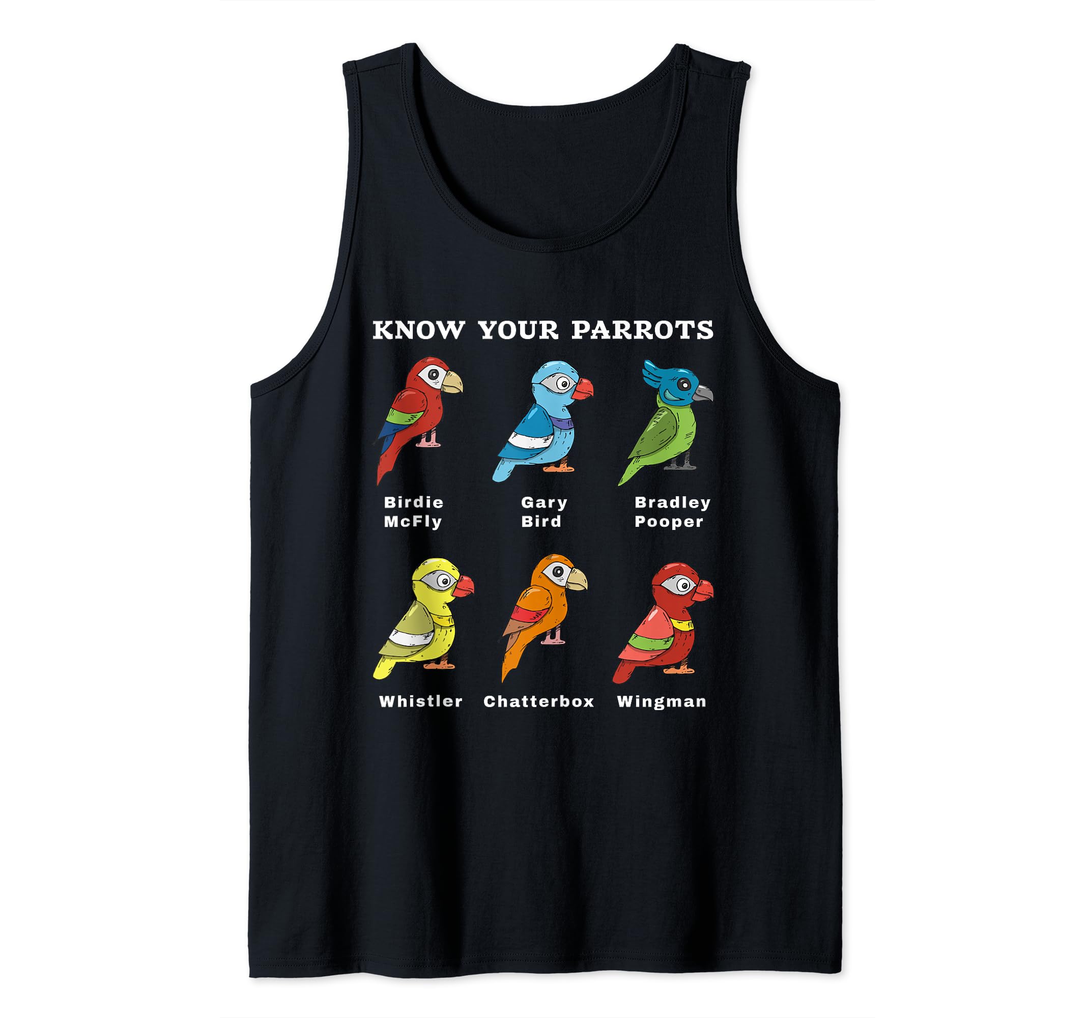 Know Your Parrots Funny Names Parakeet Cockatiel Quaker Joke Tank Top, Black