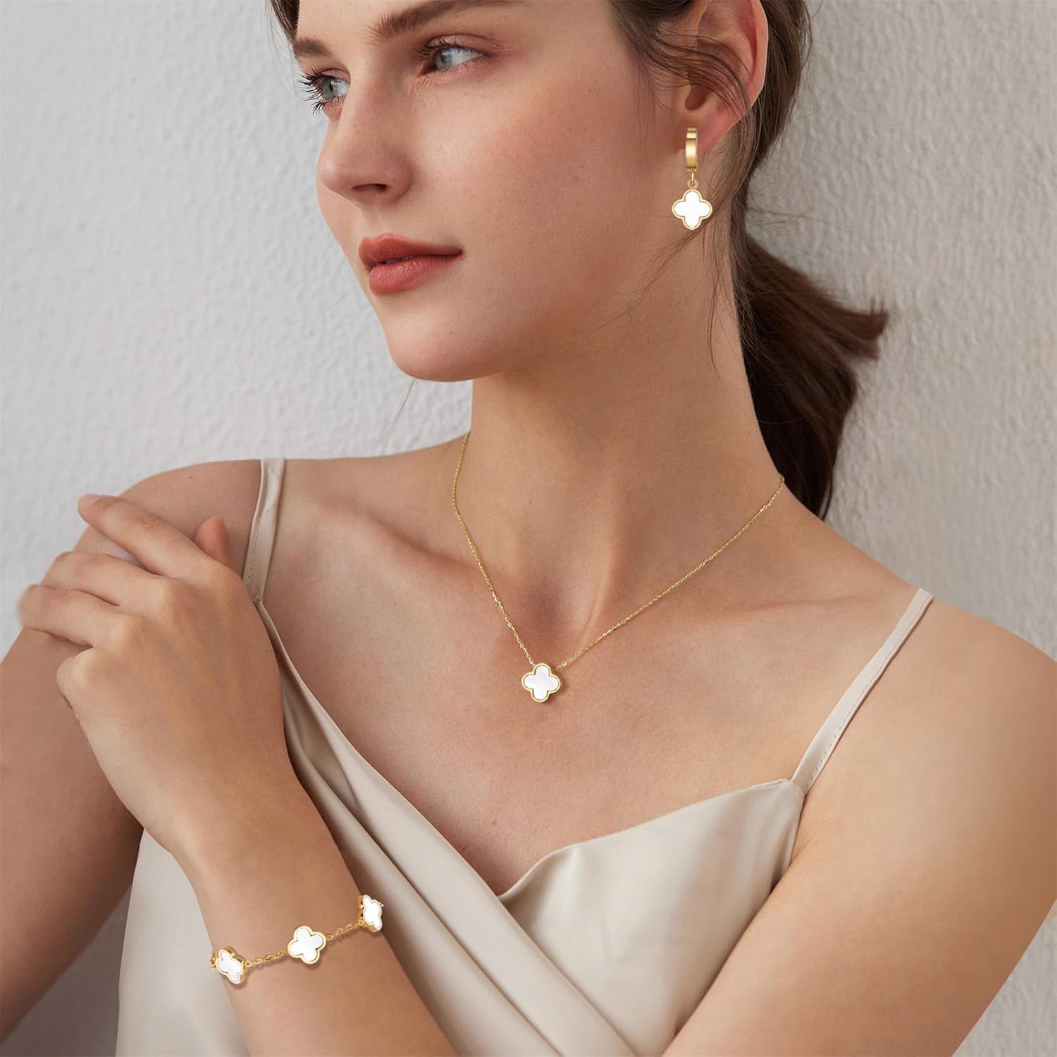 18K Gold Plated Lucky Clover Jewelry Set Black White and Red Four Leaf Clove Bracelet Necklace and Earrings Fashion Birthday Gifts for Women - Image 2