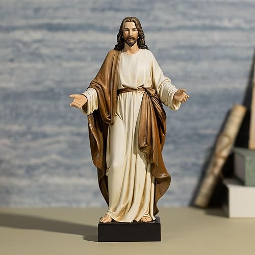 Miniatura 4 de Estatua de Jesús de 12 pulgadas pintada a mano de Jesucristo con brazos abiertos, decoración religiosa para el hogar, escultura de resina,