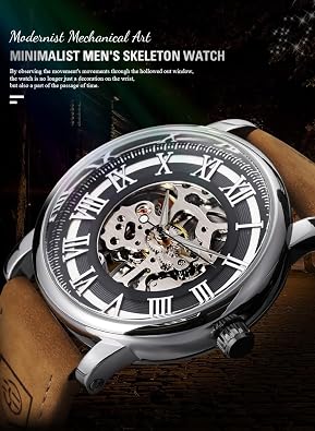 Classic Skeleton Hand Winding Watches Luminous Hands Mechanical Watch for Men Brown Leather Strap Business Wristwatch
