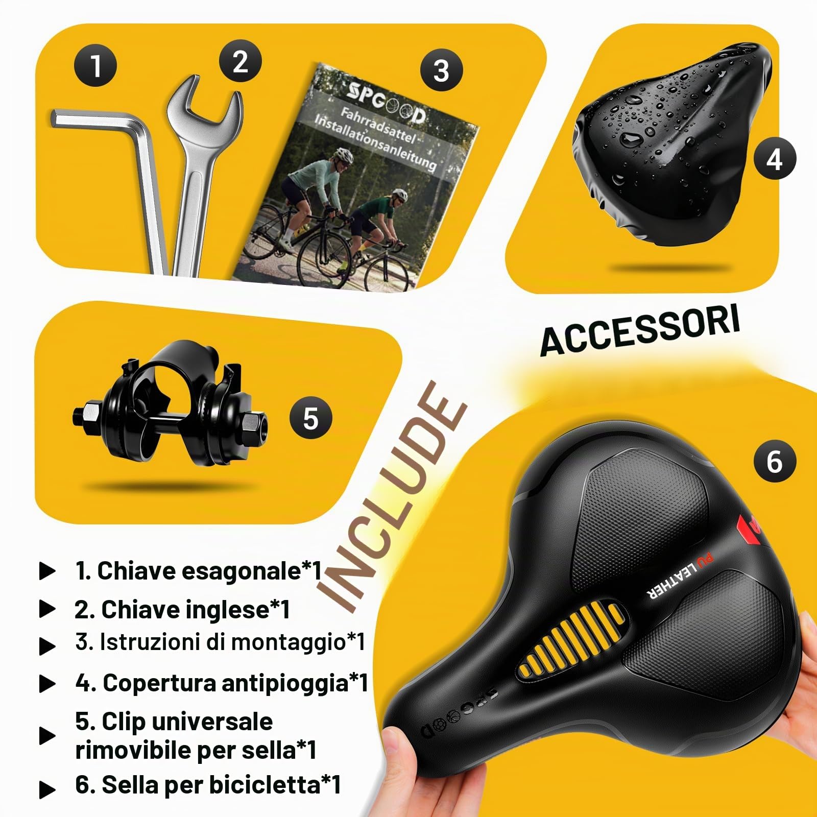 SPGOOD Sella Bici Comoda, Sella Bicicletta Morbida Memory Foam, Ergonomica Traspirante Ammortizzante Con Copertura Impermeabile Bici da Strada City MTB Corsa per Donna Uomo Bambino 25 x 21 cm