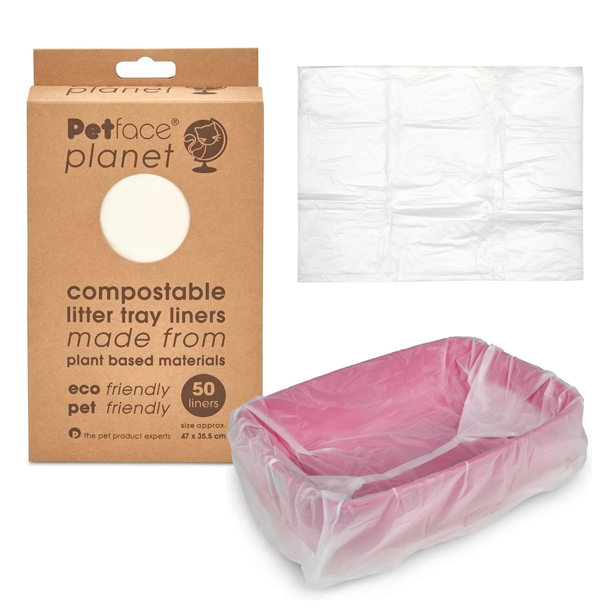 Petface Planet Compostable Cat Litter Tray Liners, 50 Pack, Durable Eco‑Friendly Plant‑Based Liners, 47L x 35.5W cm