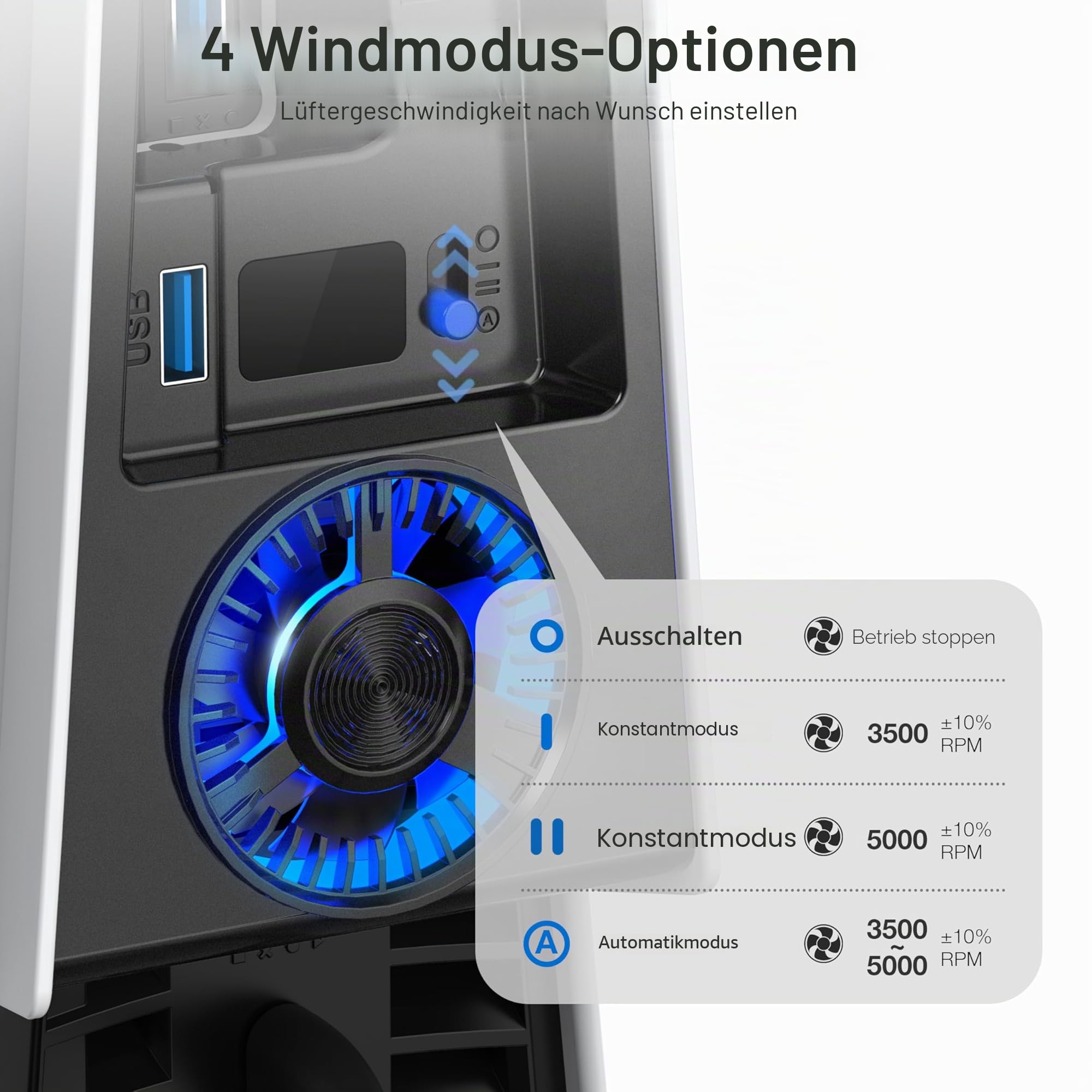 JUSPRO Lüfter für PS5 Pro, leiser verbesserter 4-Kühler mit einstellbarer Geschwindigkeit, automatisches Ein-/Ausschalten, Kühlzubehör mit USB 3.0-Anschluss und LED-Licht für PlayStation 5 Pro
