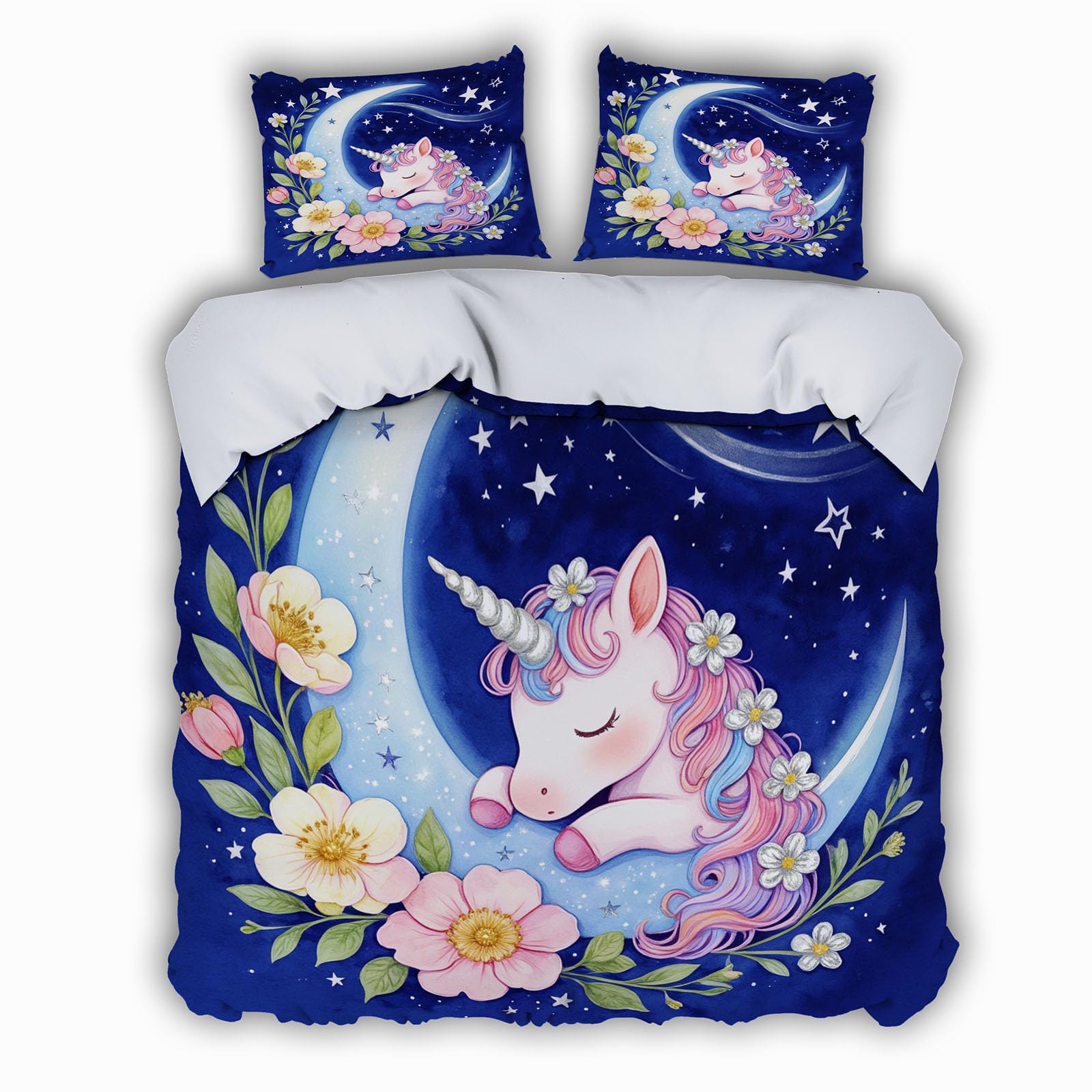 Housse de couette licorne 220x240 cm avec 2 taies d'oreiller pour lit 2 personnes