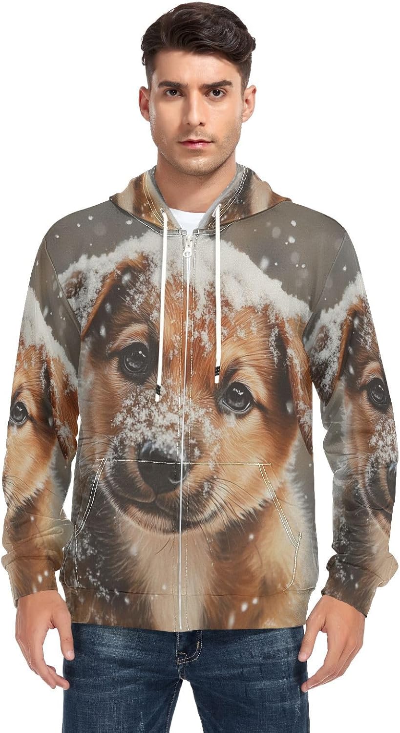 Puppy Winter in Snow Men's Full-Zip Fleece Hoodie