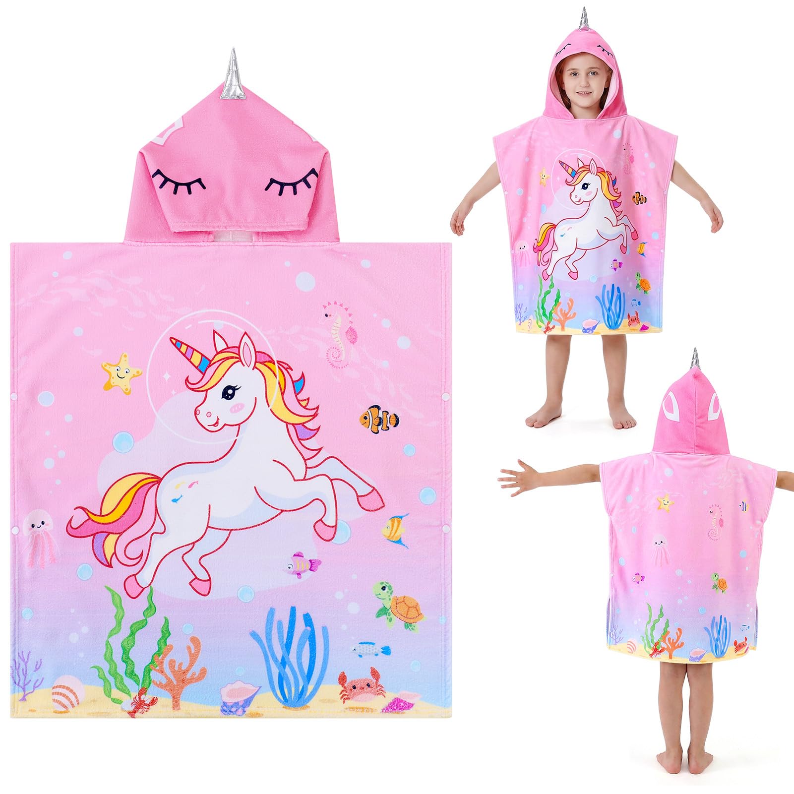 saerryor Kids Hooded Poncho Towels, 30 x 28in Pink Unicorn Beach Swimming Towels Changing Robe for Boys and Girls after Swim Shower Beach Pool, 6-12 Years