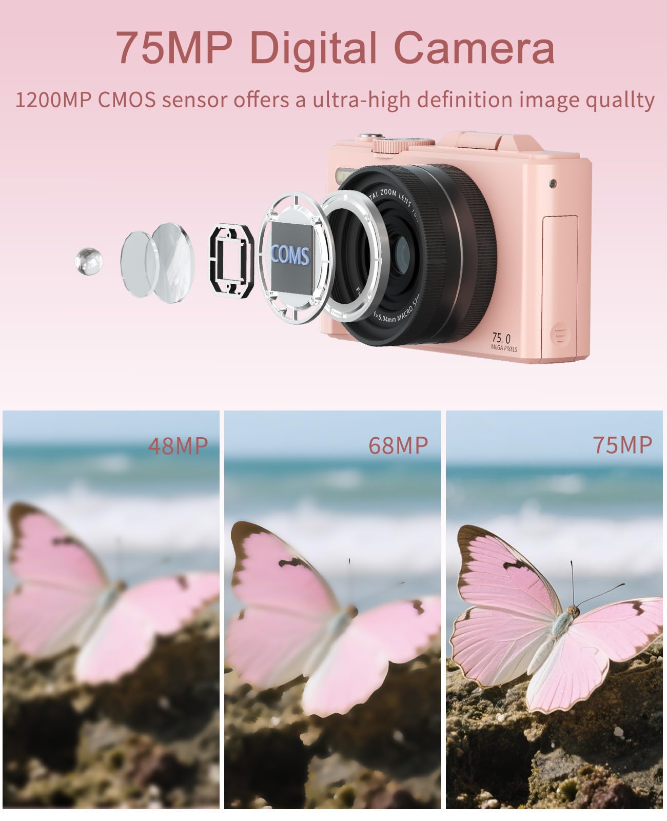 FLATIC Digital Camera, 5K 75MP Cameras for Photography with WiFi & 64GB TF Card, Autofoucs Vlogging Camera for YouTube with 180° Flip Screen, Compact Vlog Travel Camera Kit for Beginner, Teens, Pink