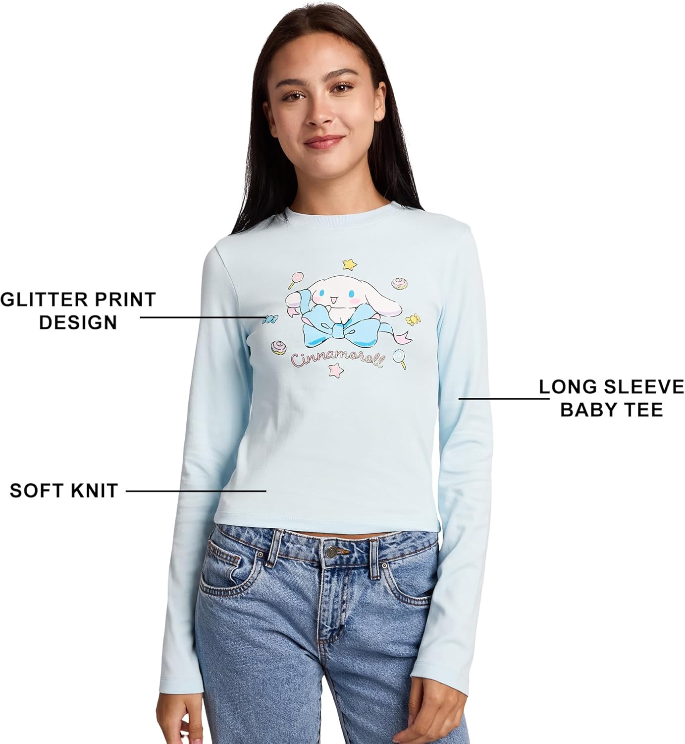 Bioworld Cinnamoroll Stars Women's Blue Long Sleeve Baby Tee - Image 5