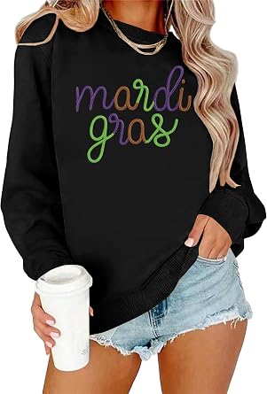 PECHAR Mardi Gras Outfit for Women Mardi Gras Embroidery Sweatshirt New Orleans Party Carnival Long Sleeve Tees Tops