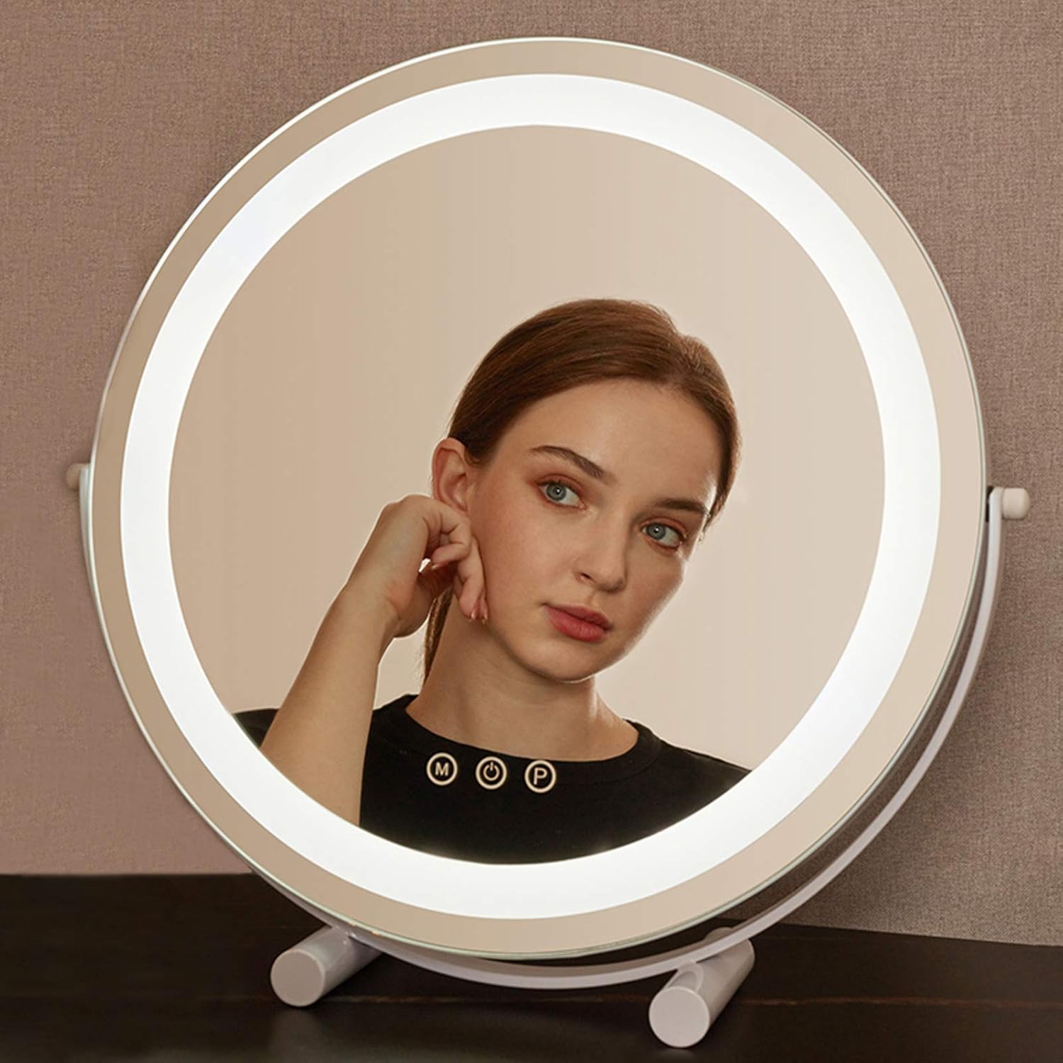 DSJGVN Round Standing Makeup Mirror,Dressing Table Makeup Mirror, LED