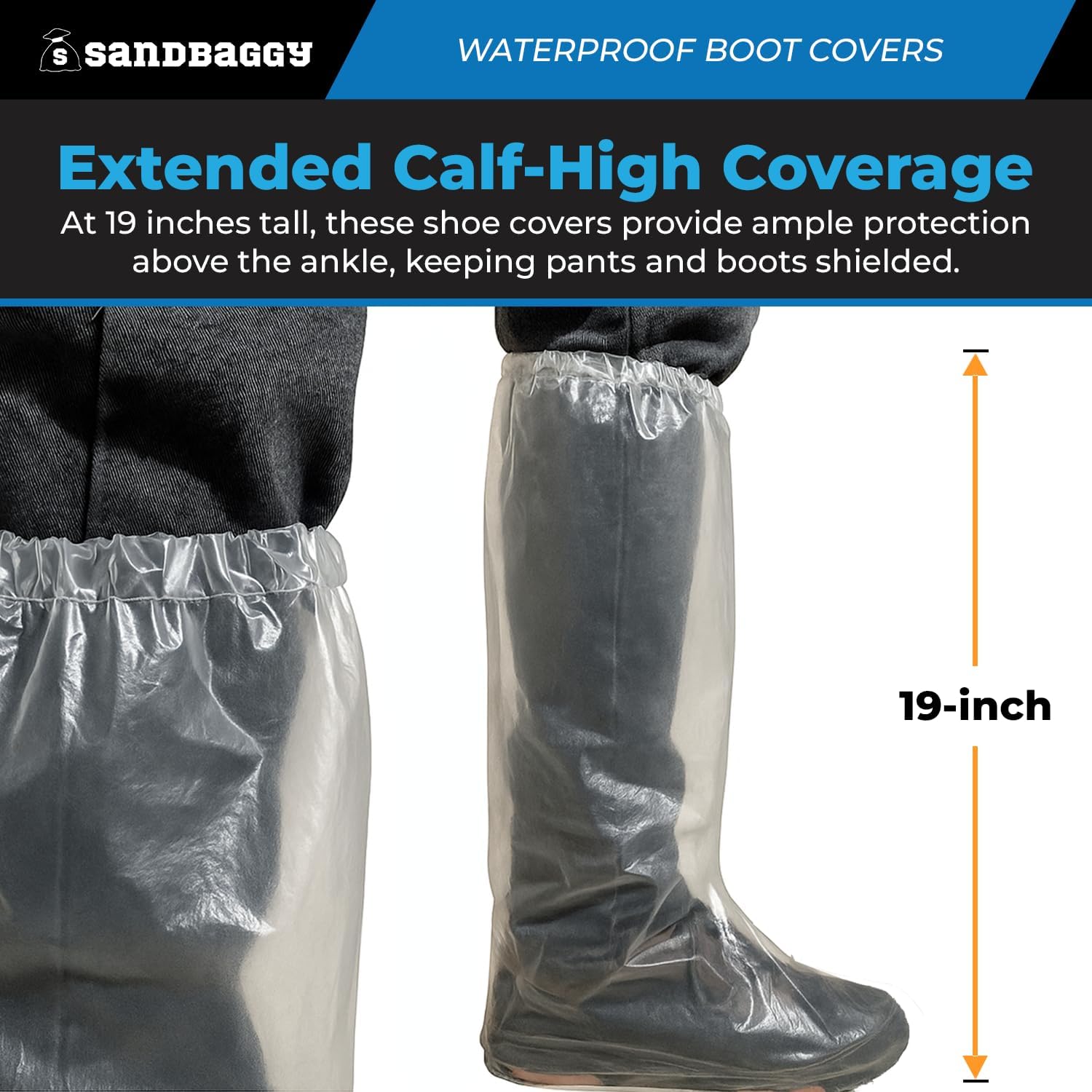 Sandbaggy Waterproof Boot/Shoe Covers - 19" Tall, 3 Mil Disposable - Transparent/Clear (500)