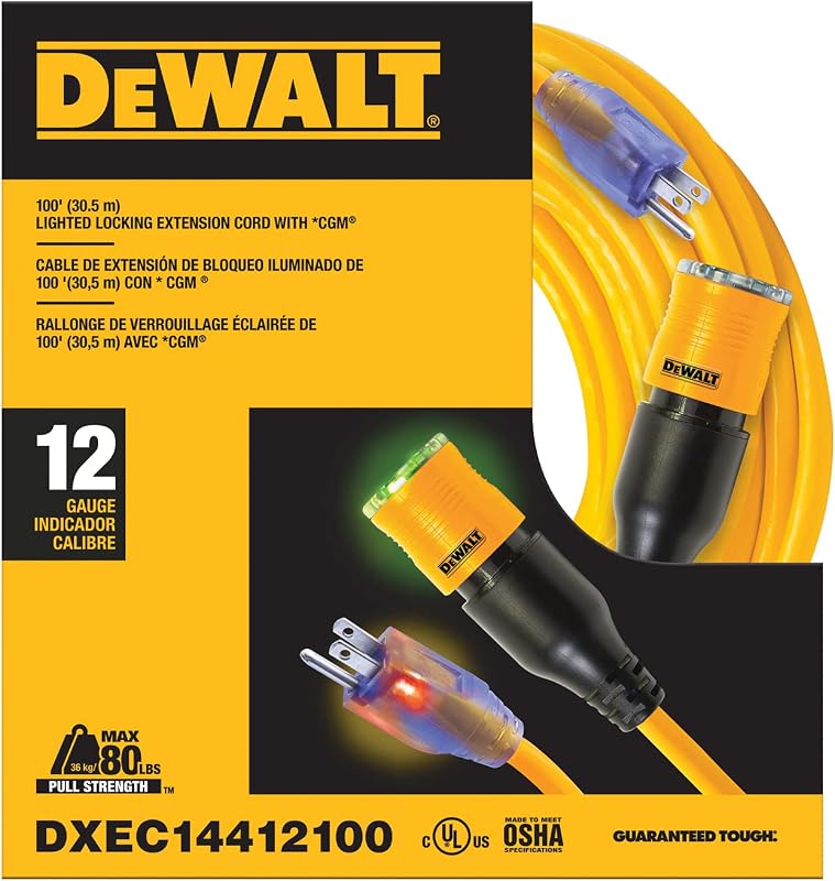 DEWALT 100 Foot Extension Cord Lighted Click-to-Lock 12/3 SJTW - Heavy Duty Outdoor, Weatherproof, Heat & Corrosion Resistant Industrial Strength Light Up Three Prong Outlet Plug Power Cord