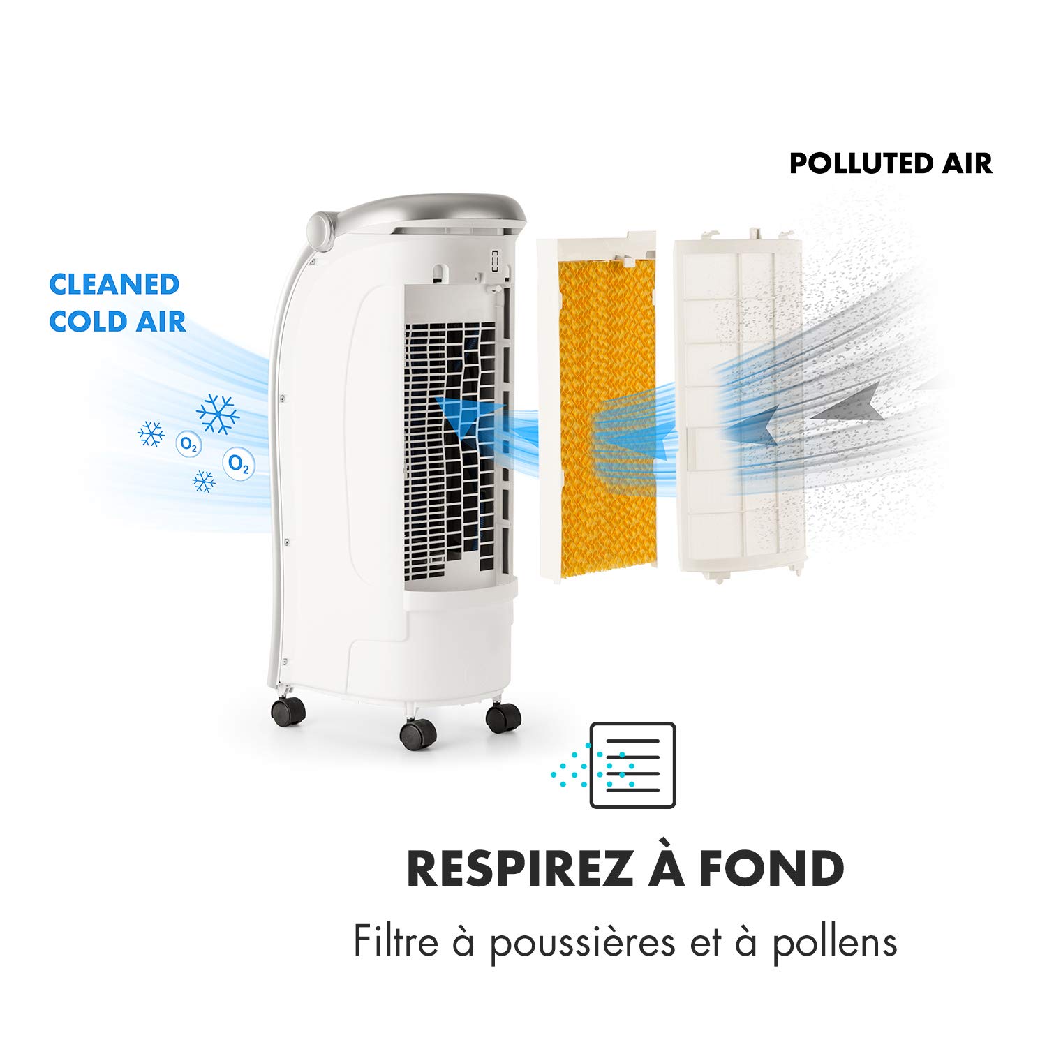 Klarstein Condizionatore Portatile 65W, 4in1, Climatizzatore Portatile, Raffrescatore Aria ad Acqua, Ventilatore, Deumidificatore, Silenzioso con Night Mode, 444m³/h, Serbatoio da 6L, Bianco Zinco