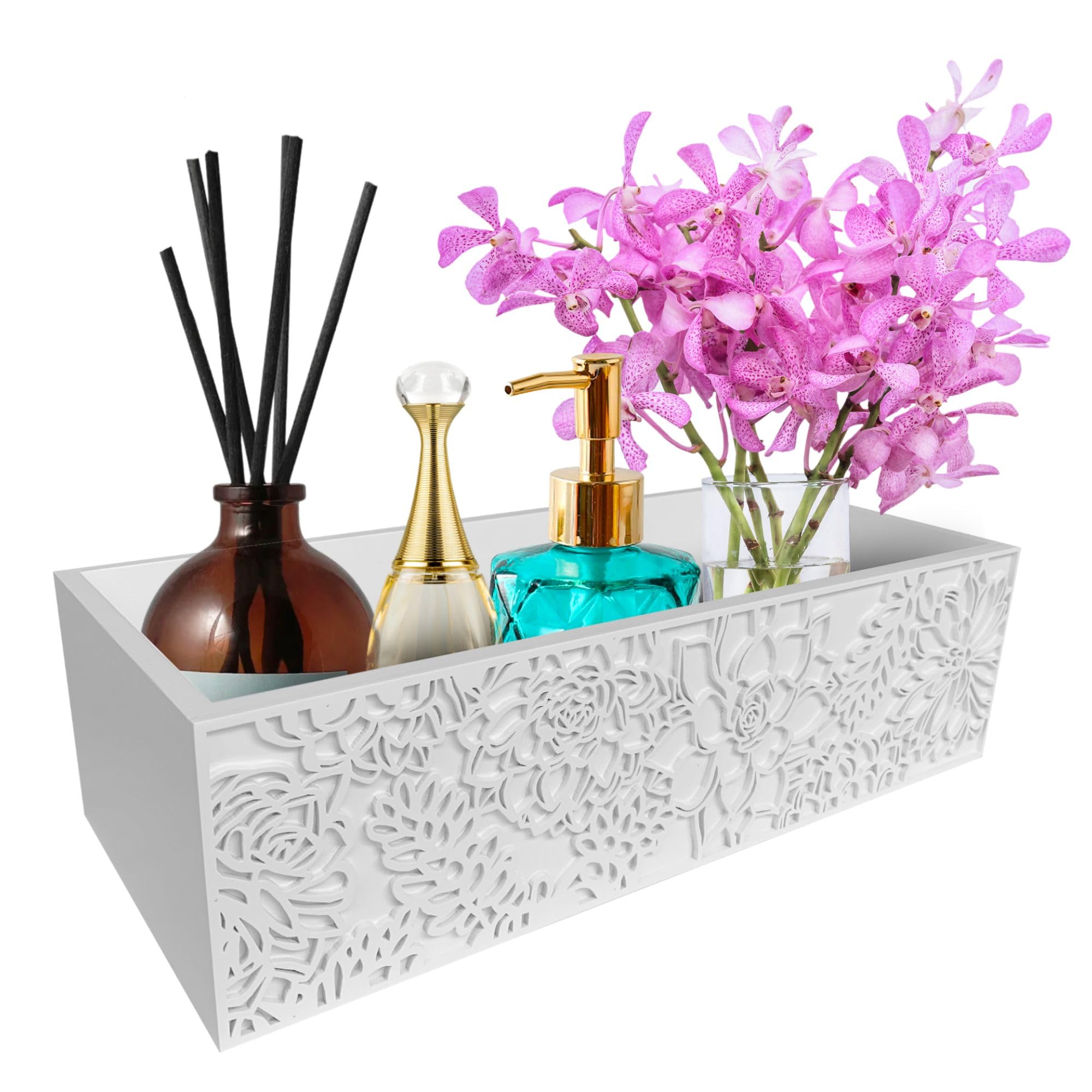 CRATEHILL White Wooden Toilet Tank Topper with Elegant Floral Design - Chic, Space-Saving Bathroom Storage, Enhances Bathroom Interior Decor, Ideal for Modern and Traditional Bathrooms.