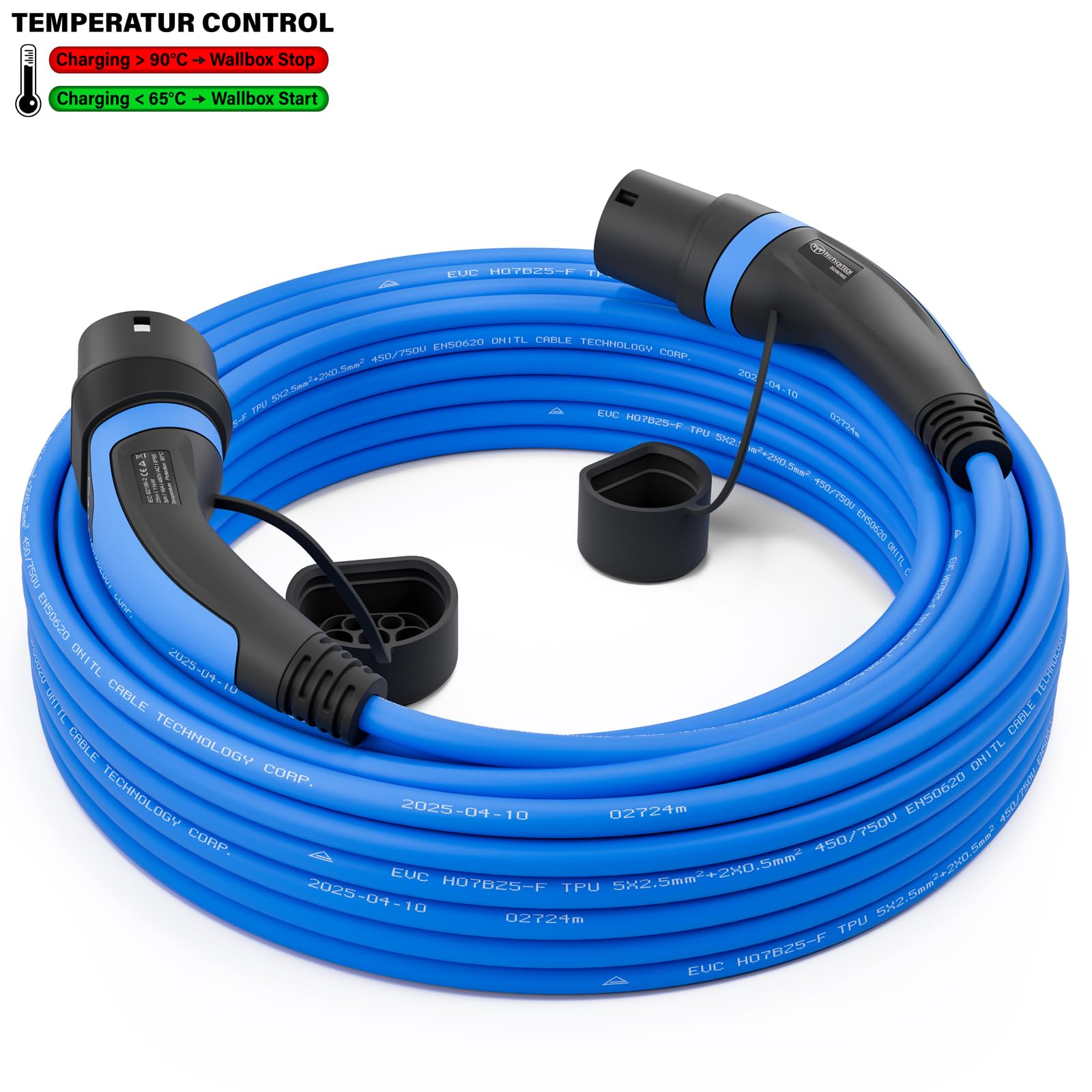 TEUTSCHTECH, cavo di ricarica tipo 2 – 25 m 11 kW 16 A 3 fasi modalità 3 – Cavo di ricarica EV per Wallbox & stazione di ricarica – Auto elettrica & Plug-in Hybrid – con monitoraggio della temperatura