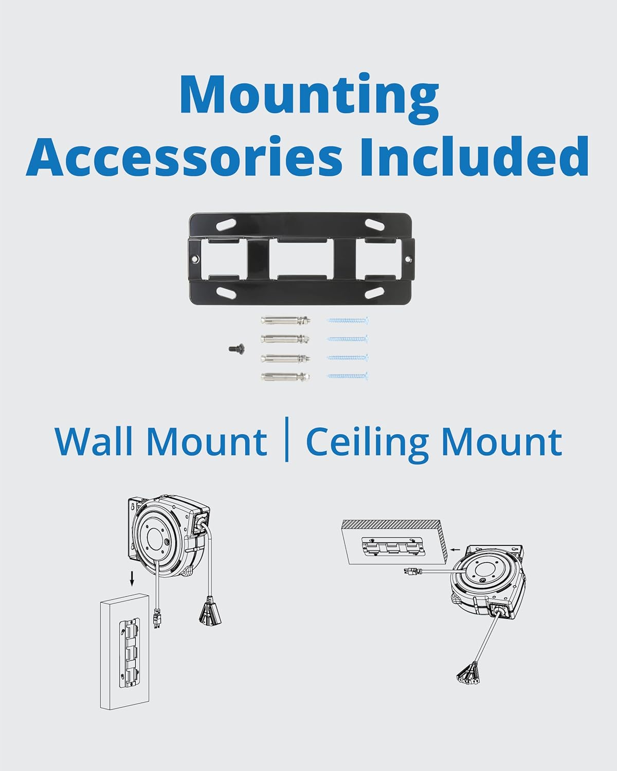 Lightkiwi L3794 50-ft Retractable Extension Cord Reel, 14/3 AWG SJTOW Power Cord, Lighted Triple Tab Outlet Electric Cord Reel, 4.5-ft Lead-In Cord, Swivel Wall/Ceiling Mounting Bracket, UL Listed