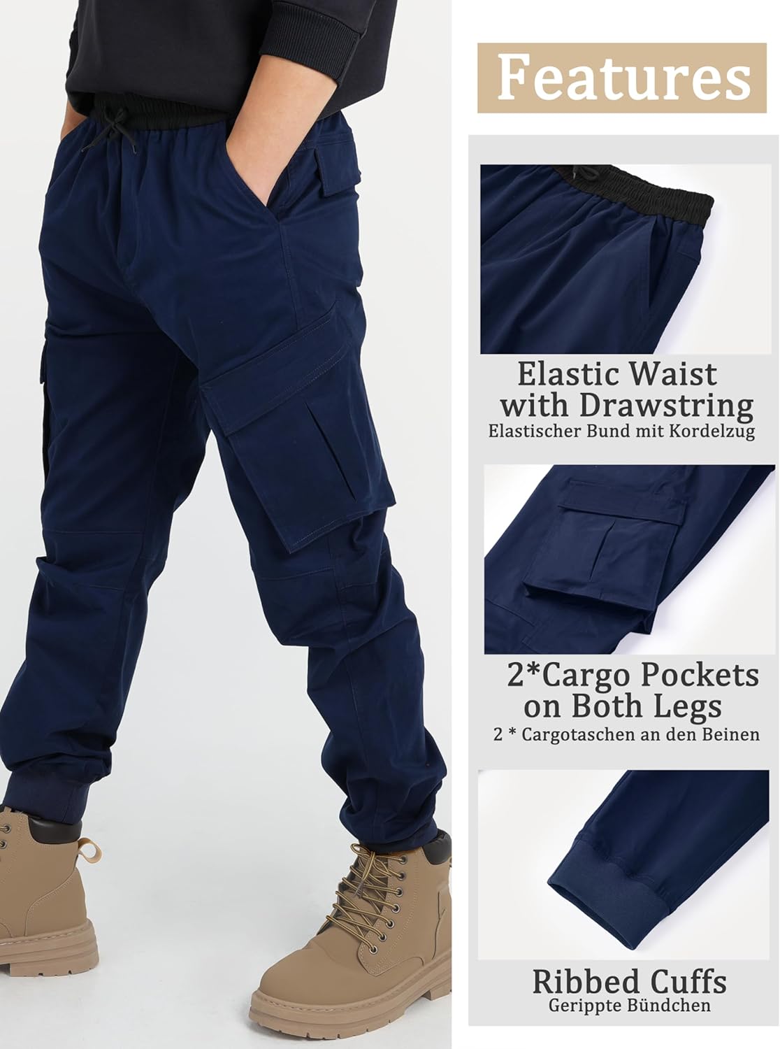 CAMLAKEE Boys Stretch Cargo Pants Kids Drawstring Elastic Waist School Youth Twill Joggers Pants - Image 4