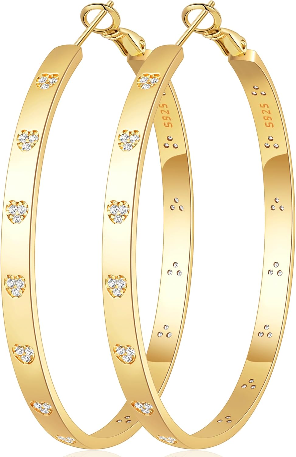 BMMYE Sterling Silver Hoop Earrings for Women Lightweight Gold Hoop Earrings with Heart Cubic Zirconia 20/30/40/50/60/70mm Hypoallergenic Hoops