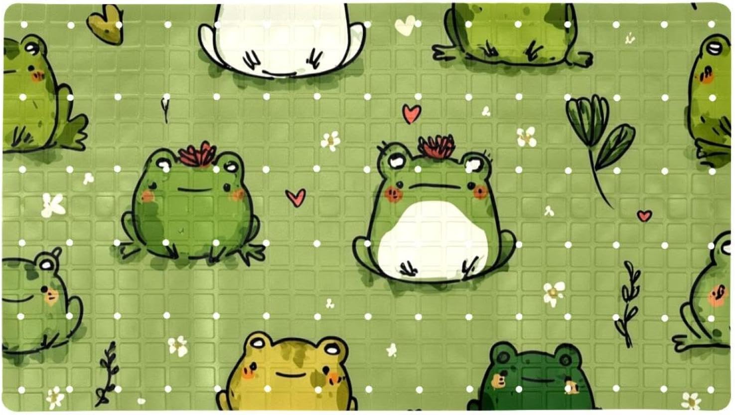 Summer Doodle Frogs Cartoon Style Bath Tub and Shower Mats, Non Slip Bathmat with Drain Holes and Suction Cups for Bathroom Floor, 15.1 x 26.8 Inch