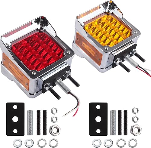 Miniatura 2 de 2 luces LED cuadradas de doble cara para guardabarros, intermitentes, color ámbarrojo, 39 LED con visera cromada cuadrada para camión, remolque,