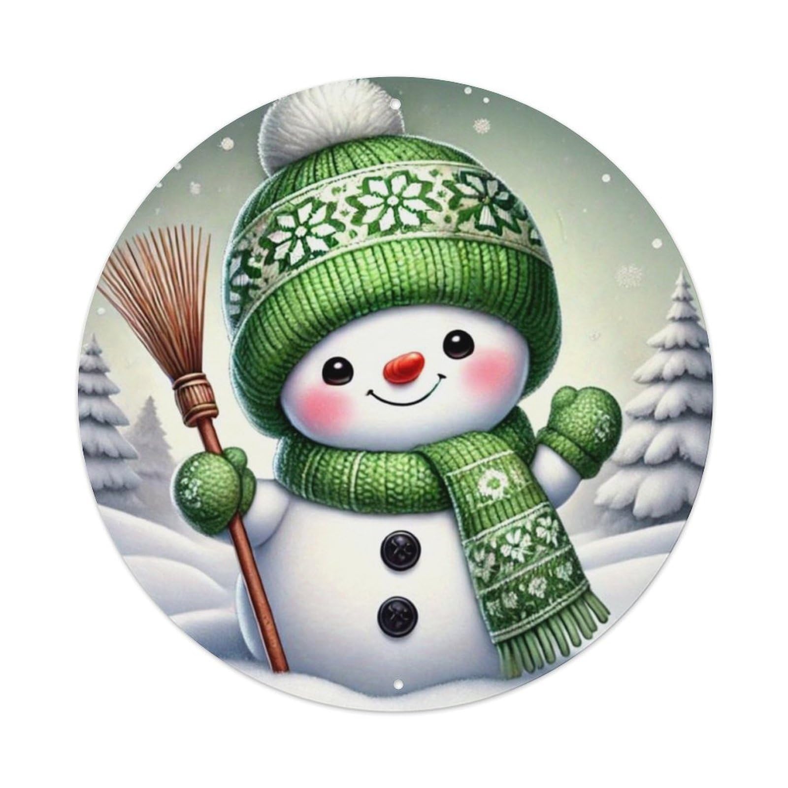 Snowman Winter Hat Scarf Broom Trees Retro Metal Sign Round Tin Sign, Vintage Decor Art Poster for Bar, Home, Man Cave, Kitchen, Laundry Room Gift 8x8Inch