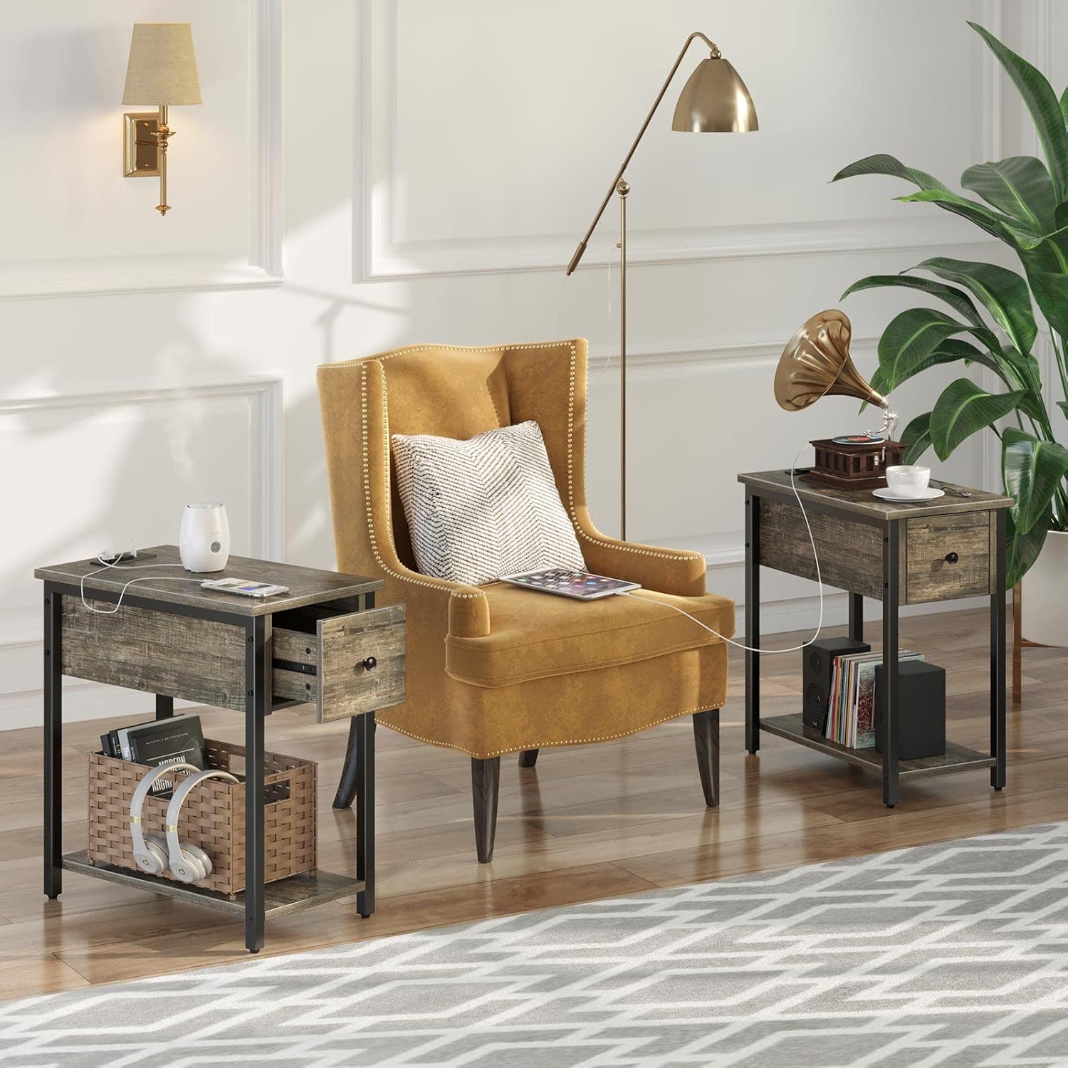 Rolanstar End Table with Charging Station & 2 USB Ports, Side Table with Drawer and Shelf, Narrow End Table with Large Storage, Sofa Side Table Sturdy Bedside Table for Living Room Grey